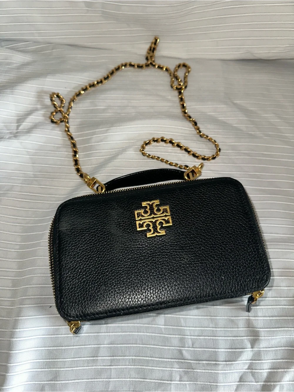 Tory Burch Black Pebbled Leather Crossbody with Gold Chain